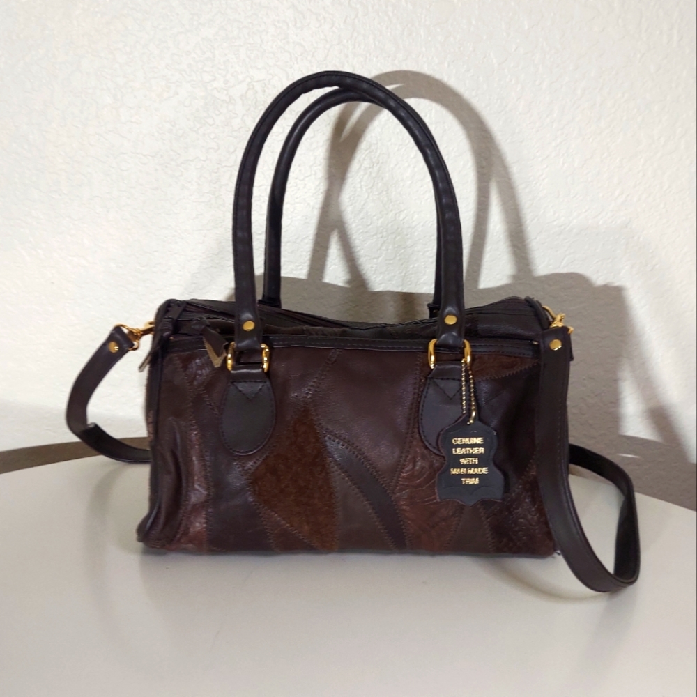Brown Leather Patchwork Satchel Hand Bag